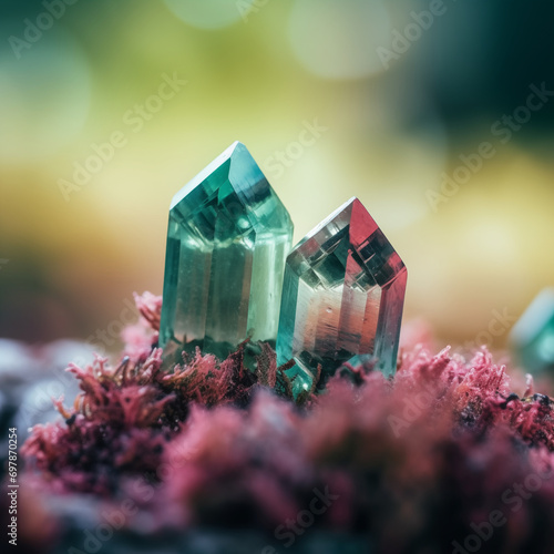 Beautiful and Natural Tourmaline Crystal Clusters with Light Nokeh Background photo