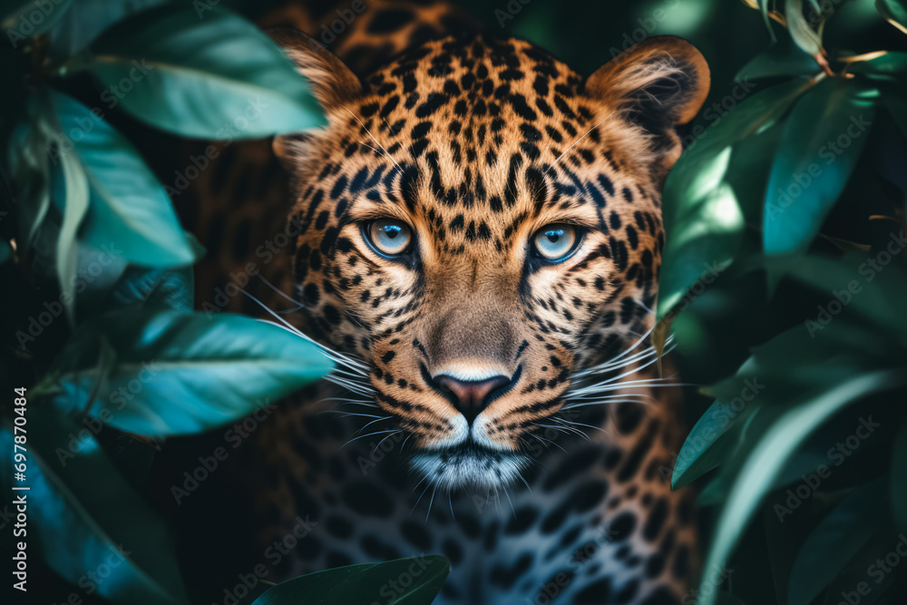 Obraz premium A leopard's intense gaze peers through lush green leaves, its spotted fur in sharp detail.