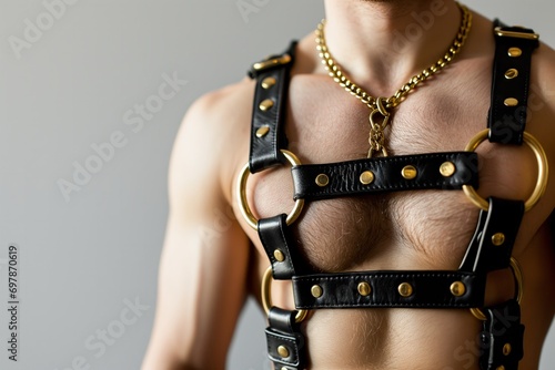A detailed close-up of a rugged man in a stylish black leather harness, posed against a minimalist white studio backdrop