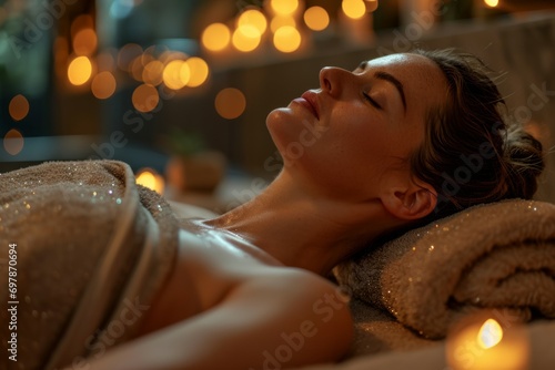 A woman lying on a massage table, draped in soft towels, enjoying a therapeutic body massage in a luxurious spa setting, conveying a sense of wellness and self-care