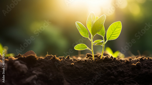 A sapling with fresh leaves grows from rich soil, backlit by the golden sunrise.