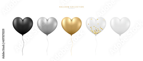 3D realistic heart shape air balloons set, Valentine day, Birthday design, Wedding anniversary background. Party, Festive romantic decoration element. Glossy helium balloon, Flat vector illustration.