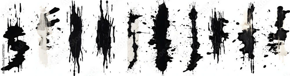 Black grunge and paint stripe with splashes with mud effect. Brush stroke with drops blots isolated. Black paintbrush with spray and splash effect