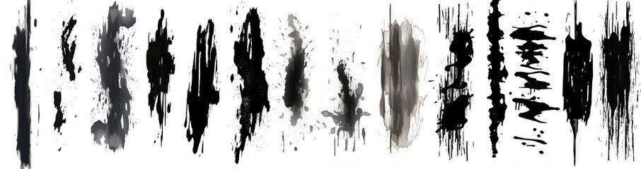 Black grunge and paint stripe with splashes with mud effect. Brush stroke with drops blots isolated. Black paintbrush with spray and splash effect