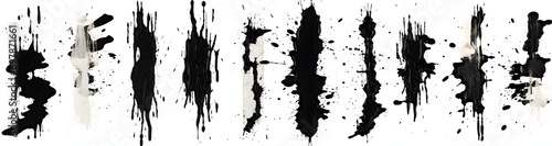 Black grunge and paint stripe with splashes with mud effect. Brush stroke with drops blots isolated. Black paintbrush with spray and splash effect photo