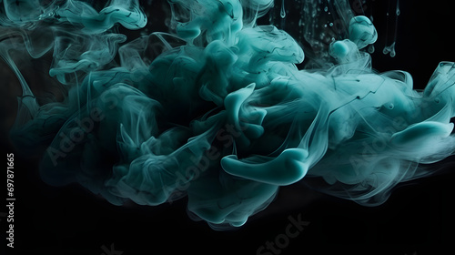 Cloud of smoke on black background. A blue smoke swirls in the air against a black background. © Riz