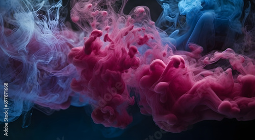 Cloud of smoke on black background. A blue, purple smoke swirls in the air against a black background. © Riz