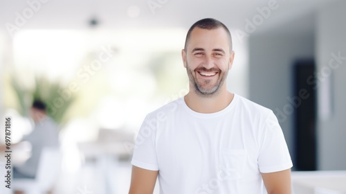 Portrait of happy handsome Caucasian man in white t-shirt