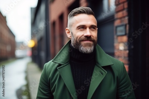 Portrait of a handsome bearded man in a green coat on the street