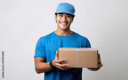 Delivery man with a package in a blue T-shirt and cap on a white background. Young asian courier man holding empty kraft paper cardboard box in his hands