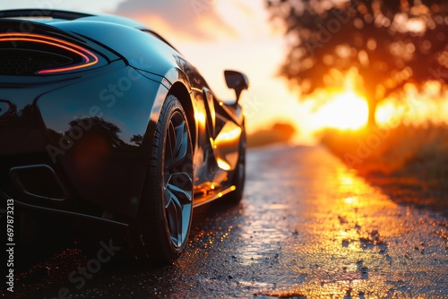 A fast sports car with full reflective paintwork on a lonely road towards the sun.