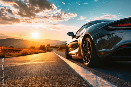 A fast sports car with silver paintwork drives along a lonely road towards the sun. © Nicole