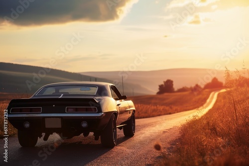 A muscle car driving into the sunset. © Nicole