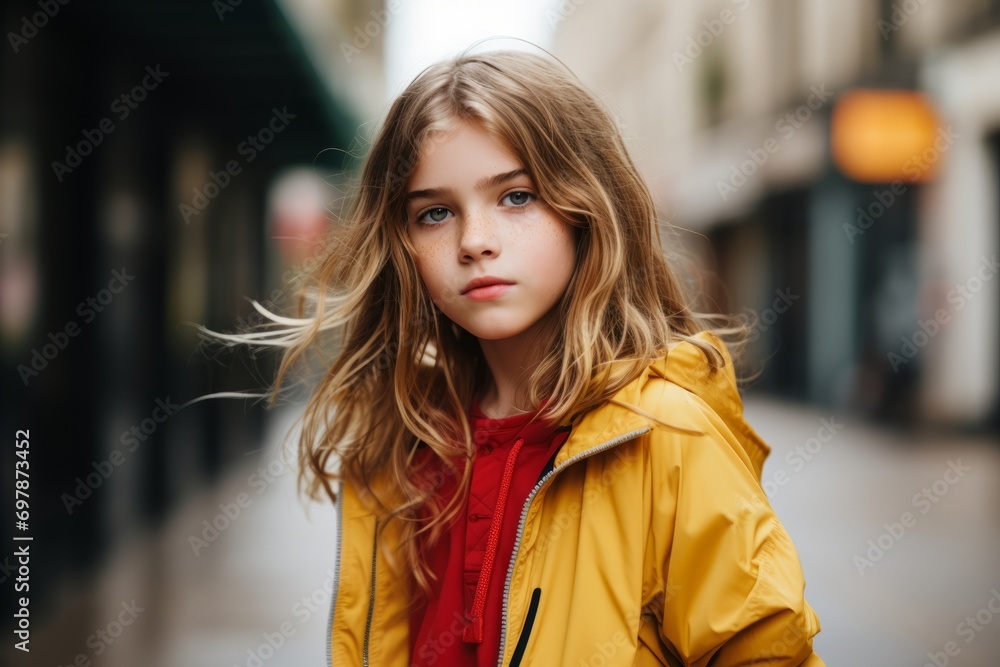 Portrait of a beautiful young girl in a yellow jacket on the street