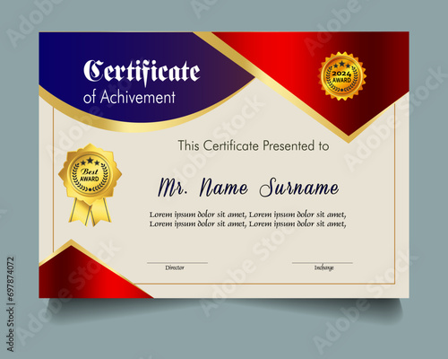 Certificate of achievement template set with gold badge and border, Appreciation and Achievement Certificate Template Design. Elegant diploma certificate template