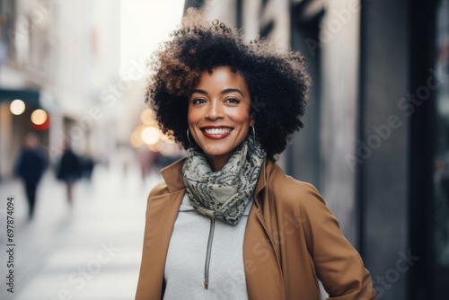 Portrait of a smiling young african american woman in the city