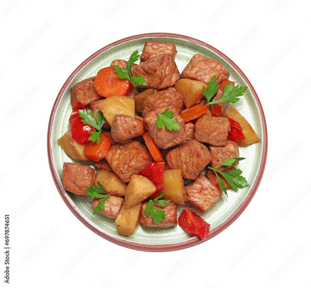 Plate with delicious goulash isolated on white, top view Plate with delicious goulash isolated on white, top view