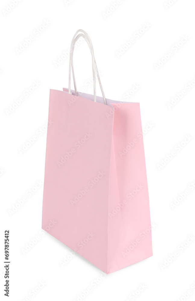One light pink paper shopping bag isolated on white One light pink paper shopping bag isolated on white