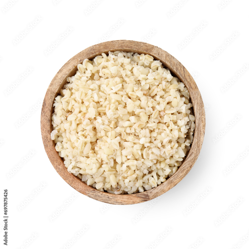 Cooked bulgur in bowl isolated on white, top view Cooked bulgur in bowl isolated on white, top view