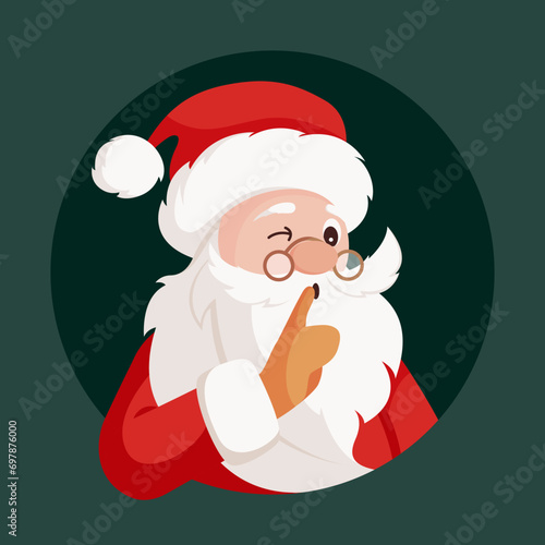 Cute Santa Claus winking and putting finger to lips and asking for silence. Flat cartoon style vector illustration. For Christmas cards. Holiday cartoon character