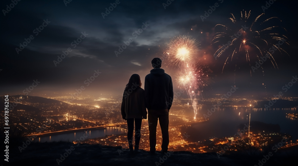 Fototapeta premium Man and woman stand and watch the fireworks set off at the celebration.