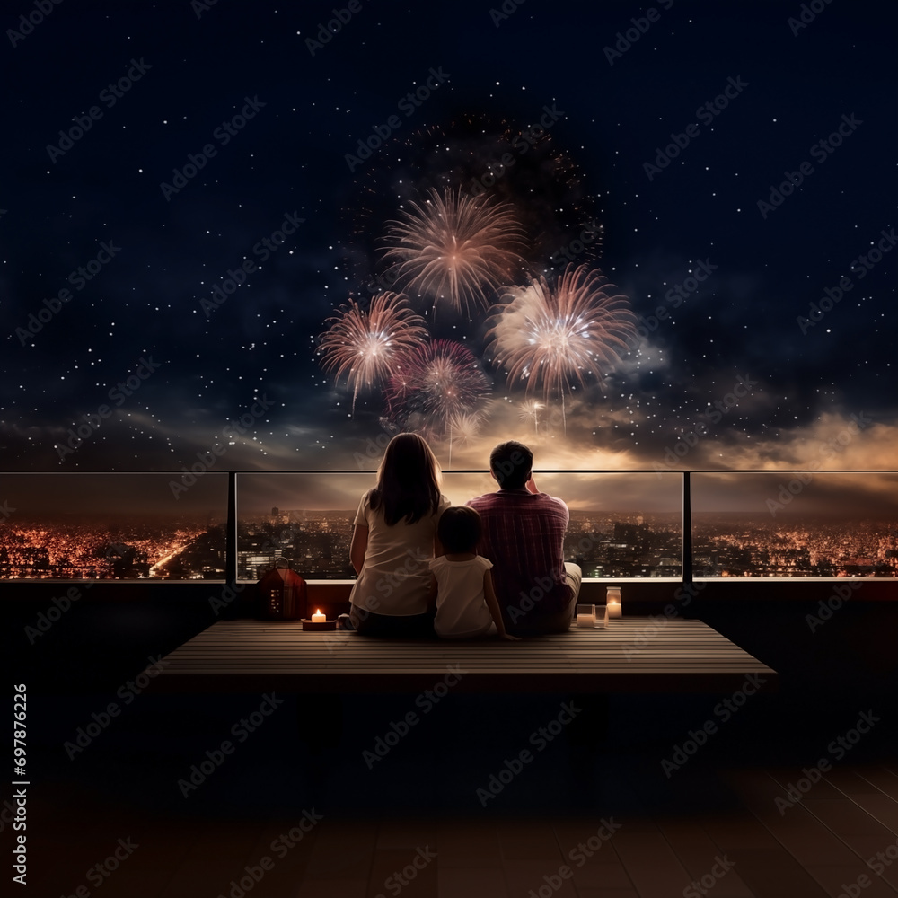 the family starteding on rooftop looking settings of fireworks the family starteding on rooftop looking settings of fireworks