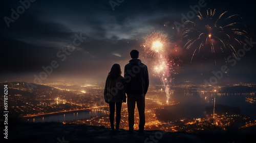 Man and woman stand and watch the fireworks set off at the celebration.