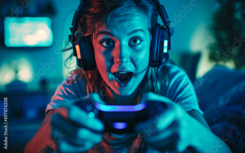  The child enthusiastically plays computer games, radiating joy and satisfaction. The concept captures the magic of gaming as a source of joy and playful happiness in the world of childhood.