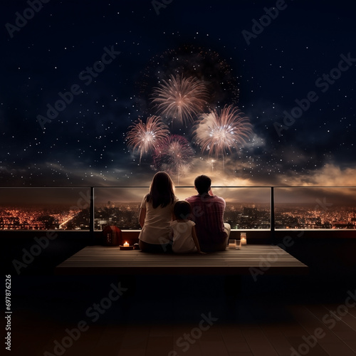 the family starteding on rooftop looking settings of fireworks