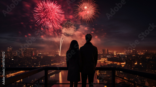 Man and woman stand and watch the fireworks set off at the celebration.