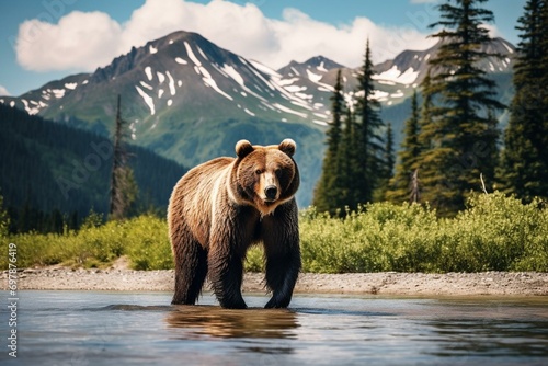 Image of a bear beside river in forest with mountains behind. Generative AI