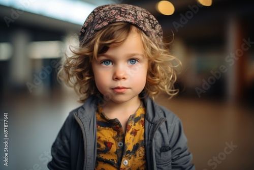 Portrait of a cute little girl with curly hair in a cap