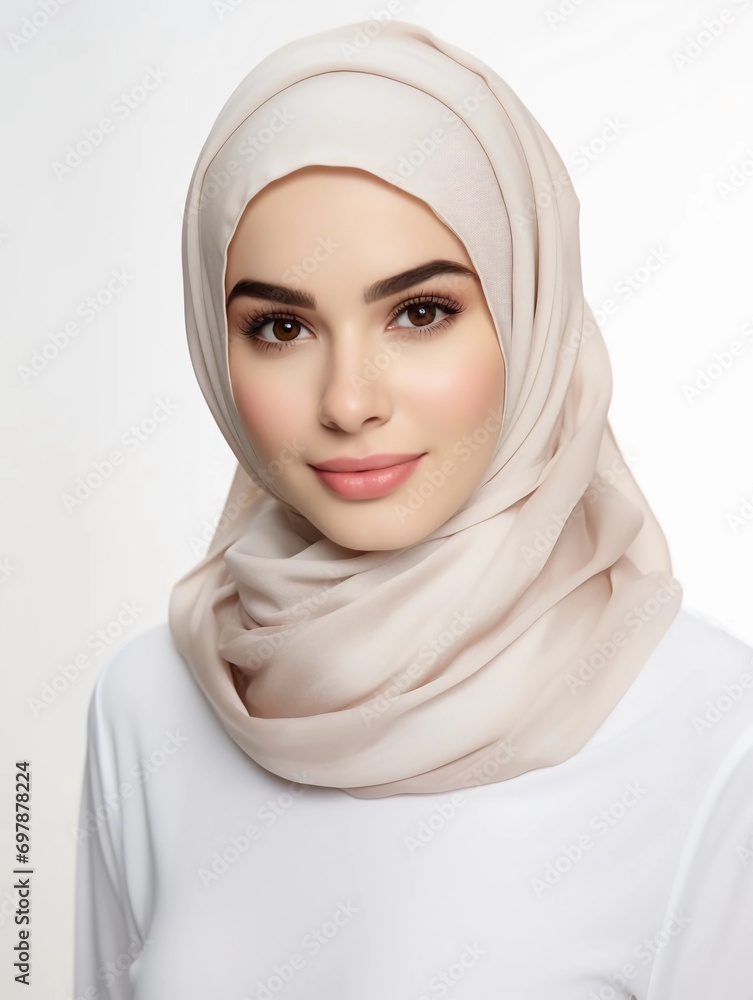 Portrait of a young woman wearing a hijab, a beauty product model with a white and clean face, elegantly posing, studio photo, isolated white background Portrait of a young woman wearing a hijab, a beauty product model with a white and clean face, elegantly posing, studio photo, isolated white background
