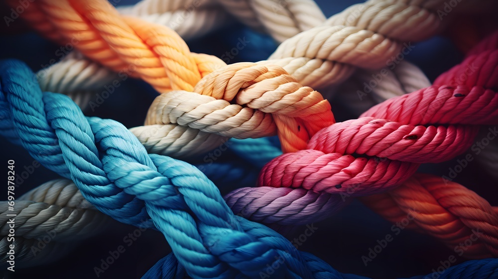 Team rope diverse strength connect partnership together teamwork unity communicate support.  - obrazy, fototapety, plakaty 
