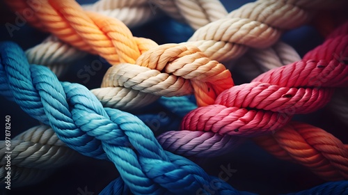 Team rope diverse strength connect partnership together teamwork unity communicate support.  photo