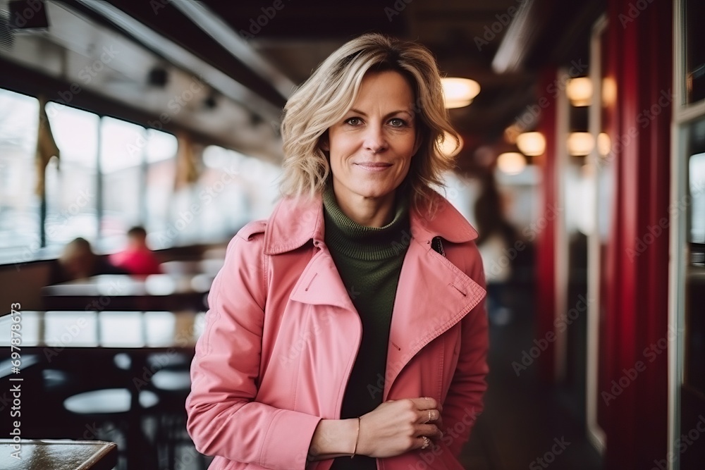 Portrait of a beautiful mature woman in pink coat posing in a cafe Portrait of a beautiful mature woman in pink coat posing in a cafe