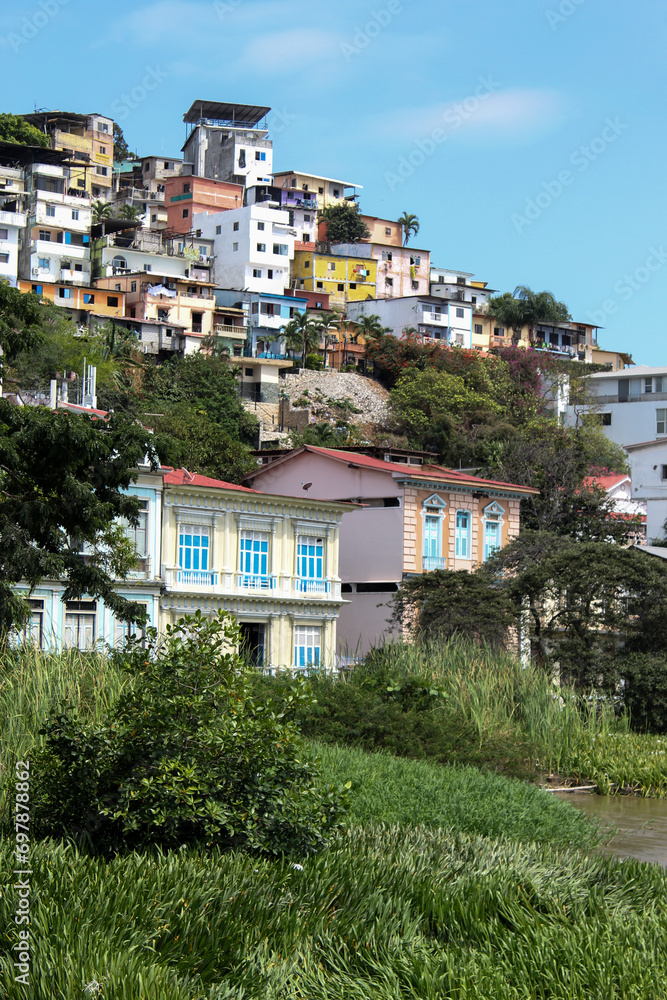 Urban landscape of houses near the river bank
