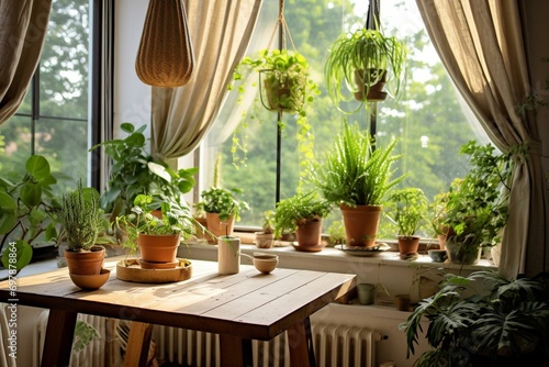 a hanging plant in holder near a window with potted plants and curtain on table with wooden table. Generative AI photo