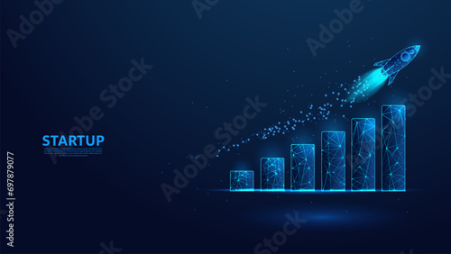 Rocket launch. Startup business growth concept. Low poly wireframe style technology blue background.