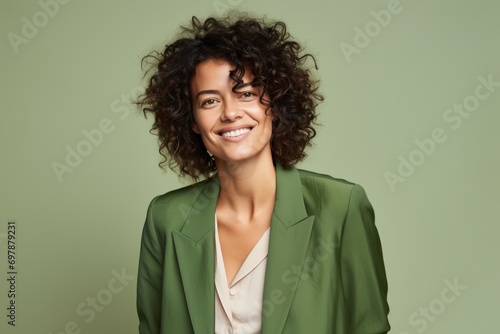 Portrait of a smiling businesswoman with curly hair on a green background