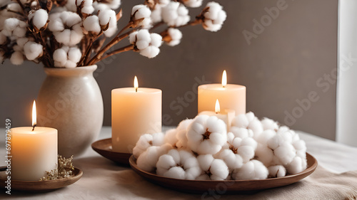 stylish Table with cotton flowers and three aroma candles near light wall