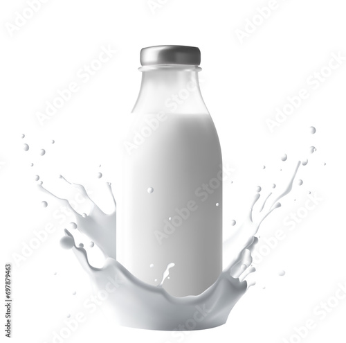 Milk bottle with splash isolated on transparent background. Vector illustration.