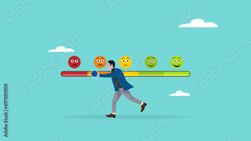 negative feedback illustration with man pushing rating bar to dissatisfaction level. customer dissatisfaction, bad ratting or complaint from customer concept vector illustration