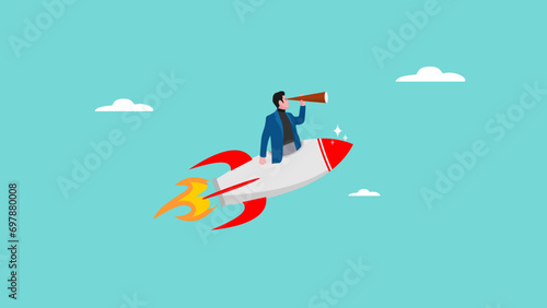 Vision to see business direction with a businessman who uses a telescope while riding a rocket to see the next business strategy concept design, strategy to success or business objective
