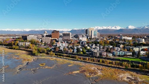 Train passing over Downtown Anchorage Fall aerial photo