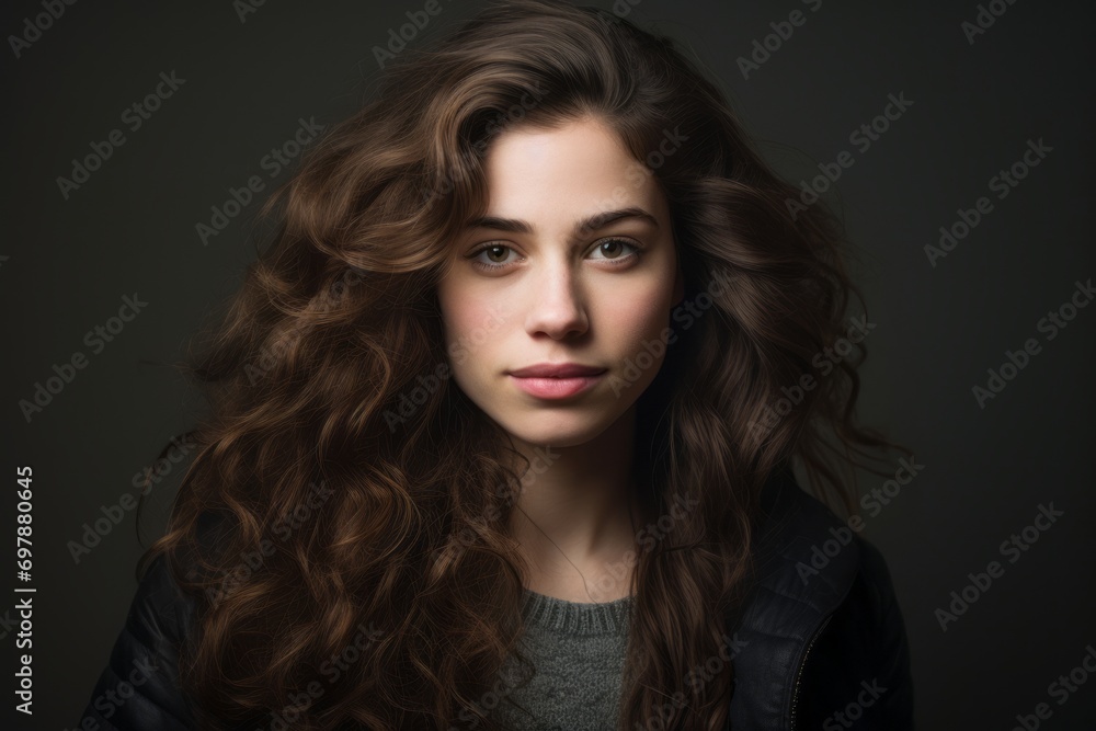Portrait of beautiful young woman with long curly hair. Studio shot. Portrait of beautiful young woman with long curly hair. Studio shot.