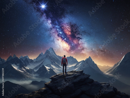 Man standing on the top of the mountain, back view, staring the milky way