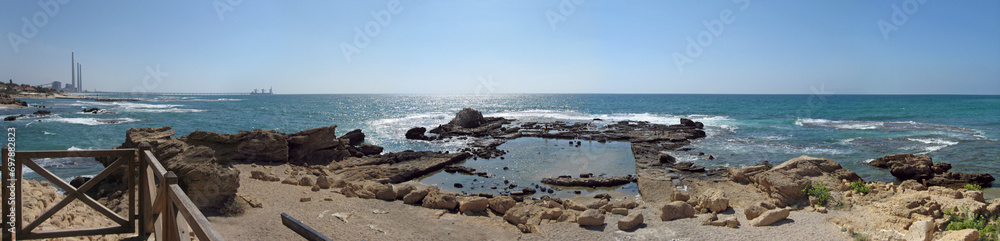Ceasarea maritima coast panoramic view with ancient roman ruins