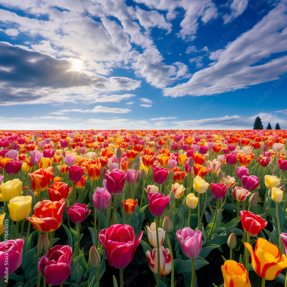 A field of tulips in a mesmerizing array of colors under a clear sky.