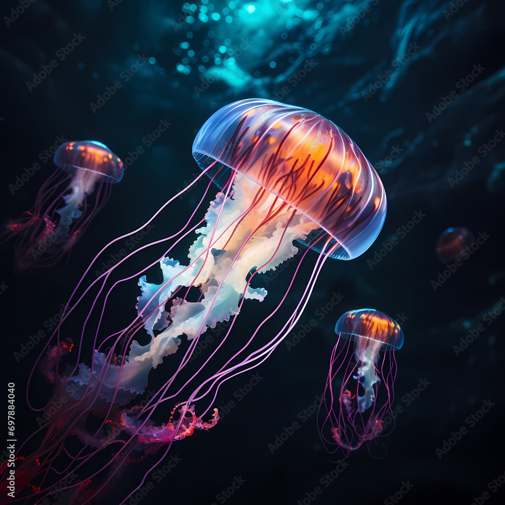 Bioluminescent jellyfish gracefully drifting in an underwater ballet.